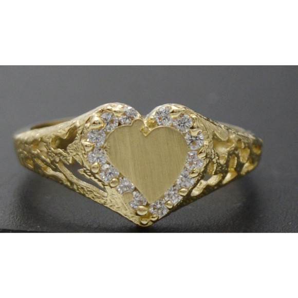 Real 10K Yellow Solid Gold Shiny CZ Heart Charm ID Ring 2.0gr All Sizes - Picture 1 of 6